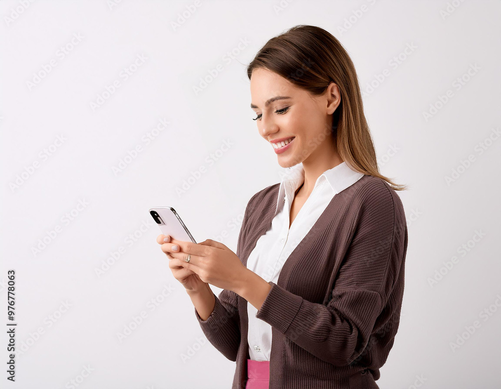 mujer mirando su teléfono celular en fondo blanco mujer mirando su teléfono celular en fondo blanco