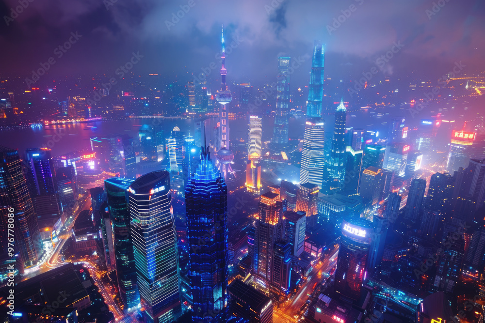 At night, high-rise buildings in modern cities At night, high-rise buildings in modern cities