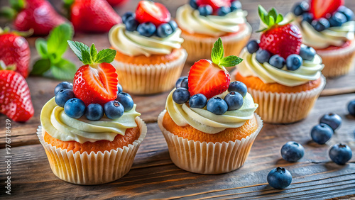 Delicious cupcakes topped with fresh blueberries and strawberries, featuring vibrant red and blue colors, cupcakes, blueberries