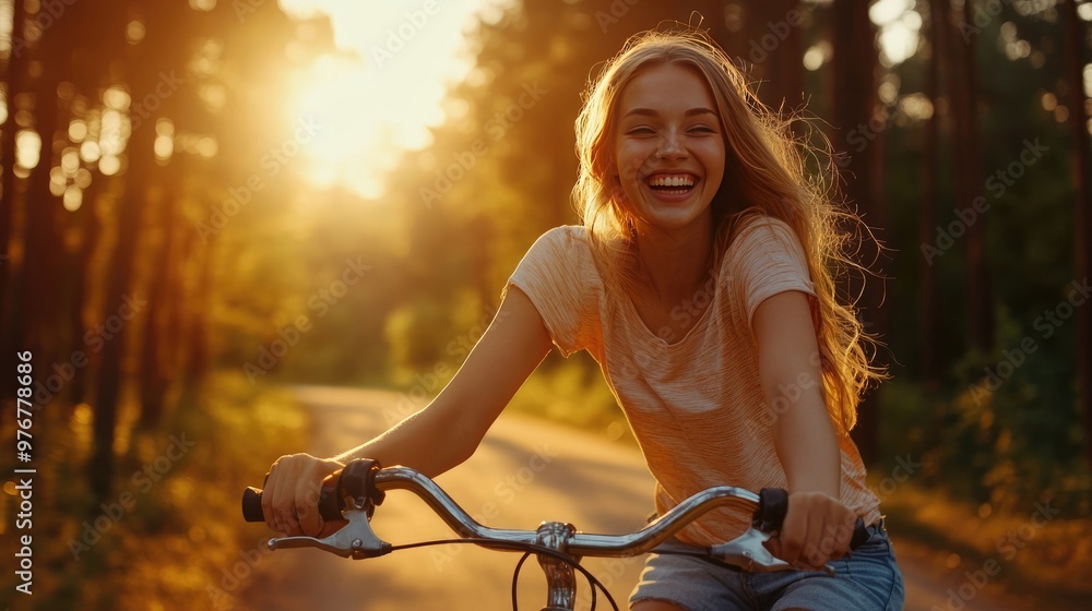 Fototapeta premium Joyful Woman Biking Through Forest During Sunset, Embracing Nature and Summer Vacation Vibes