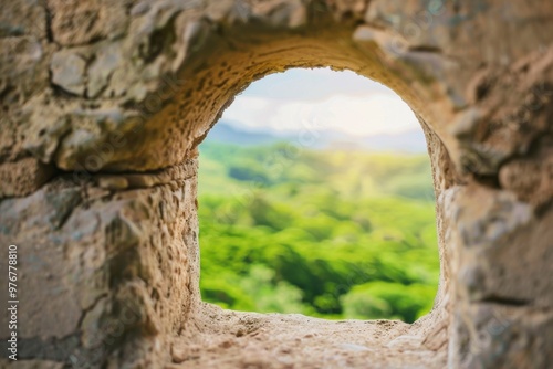 Stone Wall Window View Landscape Green Nature