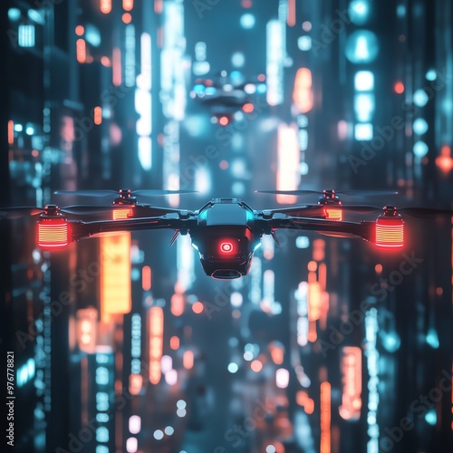 Frontal view of a futuristic drone hovering above an urban landscape, illuminated by dynamic neon lights, showcasing intricate architectural designs in a cyberpunk cityscape photo