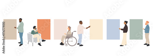 Different people pointing aside at empty space. Modern colorful design.