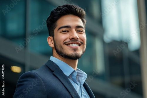 Closeup headshot outdoor portrait of young businessman standing office building. Successful smiling mexican american man in casual business suit looking aside. Copy space