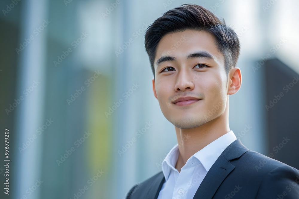 Closeup headshot outdoor portrait of young businessman standing office building. Successful smiling asian american man in casual business suit looking aside. Copy space Closeup headshot outdoor portrait of young businessman standing office building. Successful smiling asian american man in casual business suit looking aside. Copy space