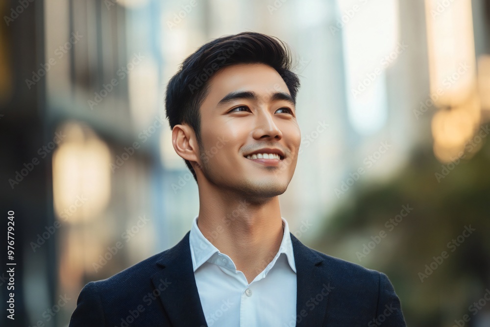 Closeup headshot outdoor portrait of young businessman standing office building. Successful smiling asian american man in casual business suit looking aside. Copy space Closeup headshot outdoor portrait of young businessman standing office building. Successful smiling asian american man in casual business suit looking aside. Copy space