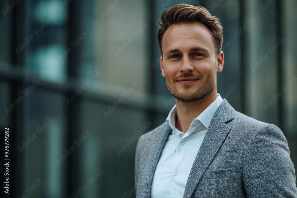 Closeup headshot outdoor portrait of young businessman standing office building. Successful smiling german man in casual business suit looking aside. Copy space Closeup headshot outdoor portrait of young businessman standing office building. Successful smiling german man in casual business suit looking aside. Copy space