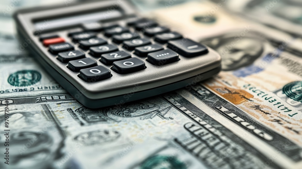 Close-Up of Calculator, Dollar Bills, and Coin Stack, Capturing Financial Growth and Economic Analysis Close-Up of Calculator, Dollar Bills, and Coin Stack, Capturing Financial Growth and Economic Analysis
