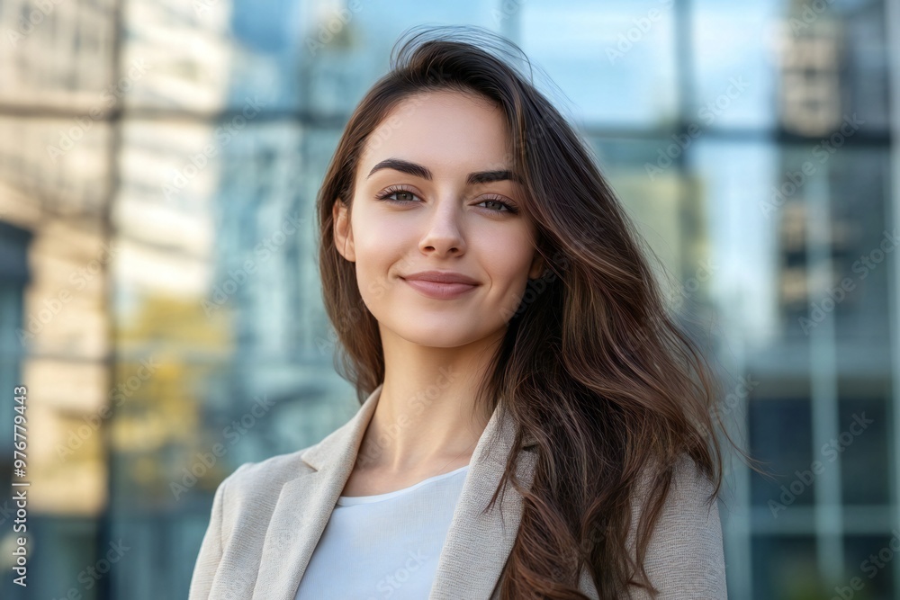 Closeup headshot outdoor portrait of young businesswoman standing office building. Successful smiling irish american woman in casual business suit looking aside. Copy space Closeup headshot outdoor portrait of young businesswoman standing office building. Successful smiling irish american woman in casual business suit looking aside. Copy space