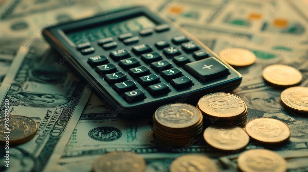 Close-Up of Calculator, Dollar Bills, and Coin Stack, Capturing Financial Growth and Economic Analysis Close-Up of Calculator, Dollar Bills, and Coin Stack, Capturing Financial Growth and Economic Analysis