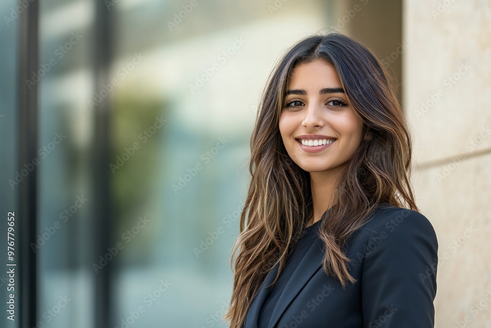 Closeup headshot outdoor portrait of young middle eastern Israel businesswoman standing office building. Successful smiling indian or arabic woman in casual business suit looking aside. Copy space --a Closeup headshot outdoor portrait of young middle eastern Israel businesswoman standing office building. Successful smiling indian or arabic woman in casual business suit looking aside. Copy space --a