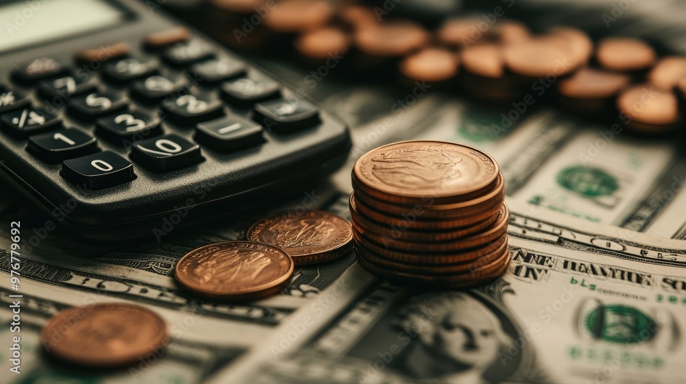 Close-Up of Calculator, Dollar Bills, and Coin Stack, Capturing Financial Growth and Economic Analysis Close-Up of Calculator, Dollar Bills, and Coin Stack, Capturing Financial Growth and Economic Analysis