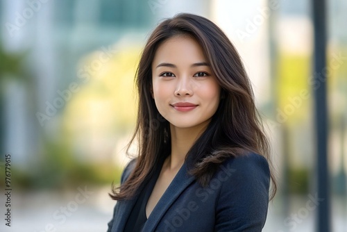 Closeup headshot outdoor portrait of young businesswoman standing office building. Successful smiling asian american woman in casual business suit looking aside. Copy space