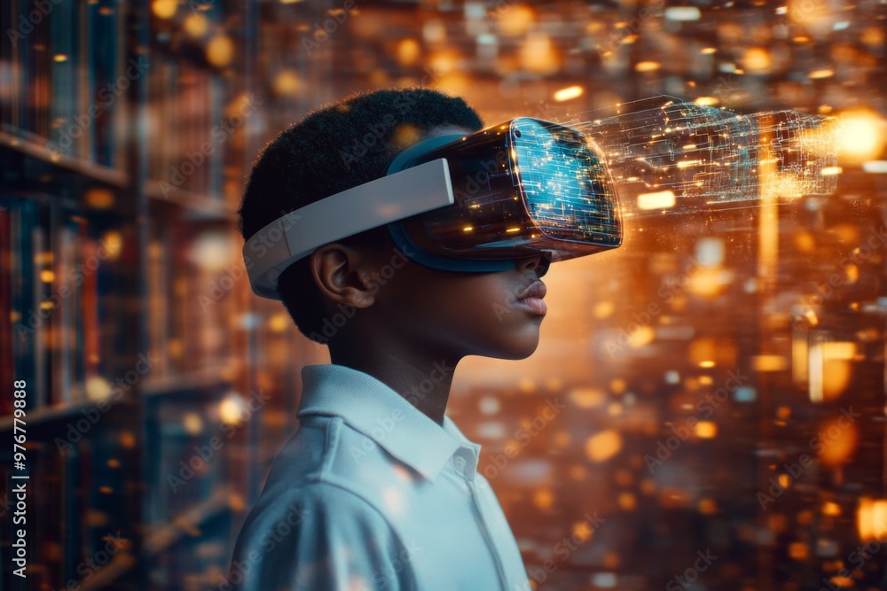 close-up of boy in VR glasses, in the classroom with holographic data and virtual reality elements floating around close-up of boy in VR glasses, in the classroom with holographic data and virtual reality elements floating around