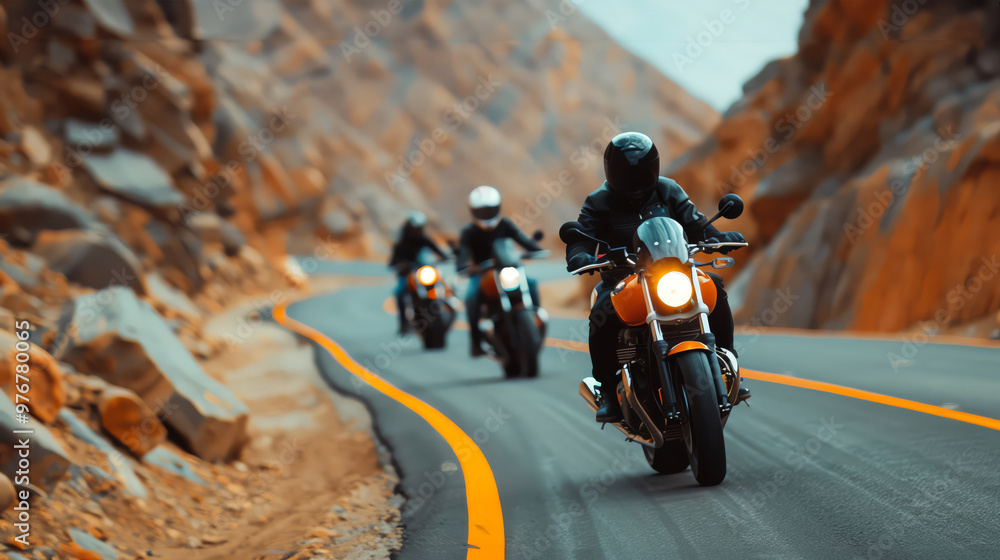 Obraz premium Motorcyclists racing on a winding road, thrilling and vibrant,
