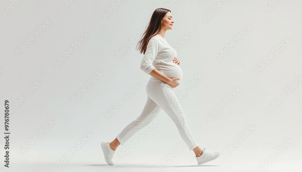 Fototapeta premium Minimalist depiction of a pregnant woman engaging in gentle exercises for well-being. Emphasizing the importance of fitness during pregnancy.