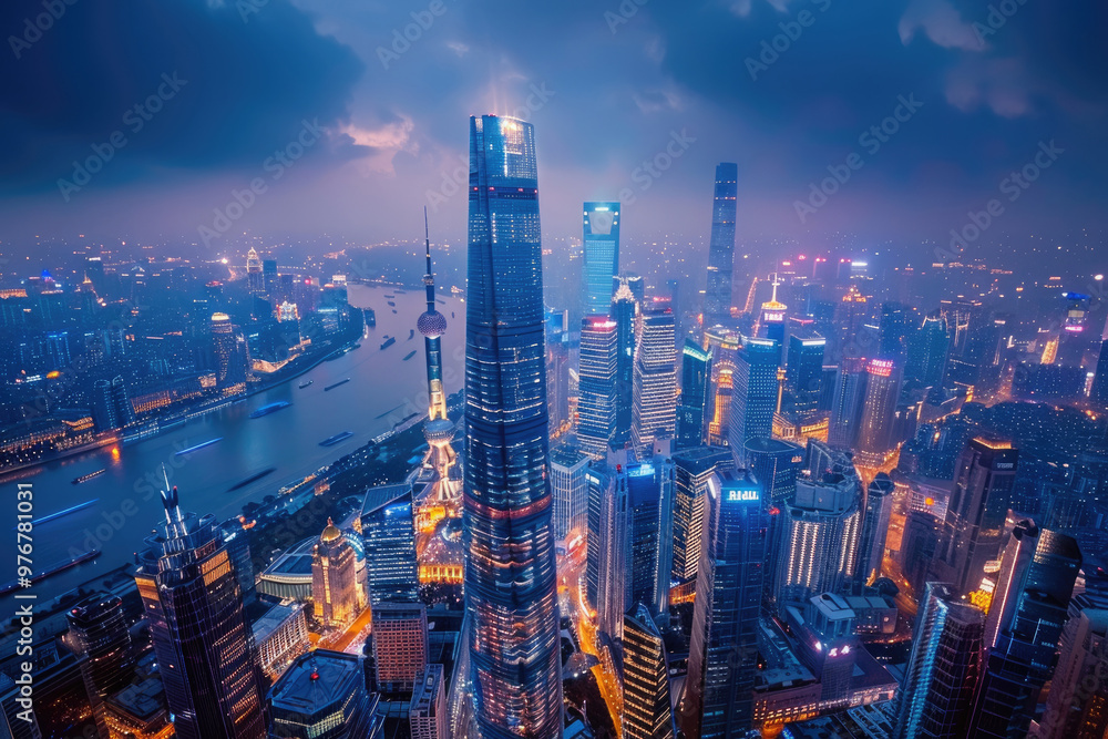 Naklejka premium At night, high-rise buildings in modern cities