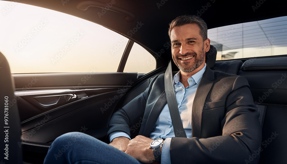persona adulto feliz sentado en un coche negro en el asiento del pasajero persona adulto feliz sentado en un coche negro en el asiento del pasajero
