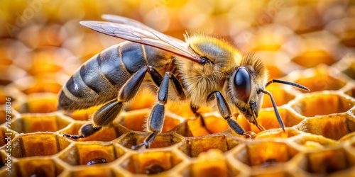 A busy bee collects nectar, carefully depositing it into the honeycomb cells, meticulously packing the sweetness within photo