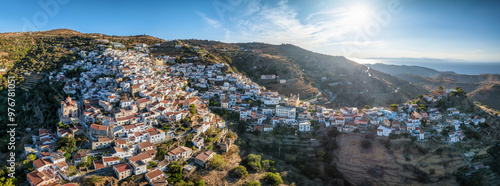 Panoramic aerial sunset view of the main town Ioulis - Ioulida on the island of Kea - Tzia, Cyclades, Greece photo