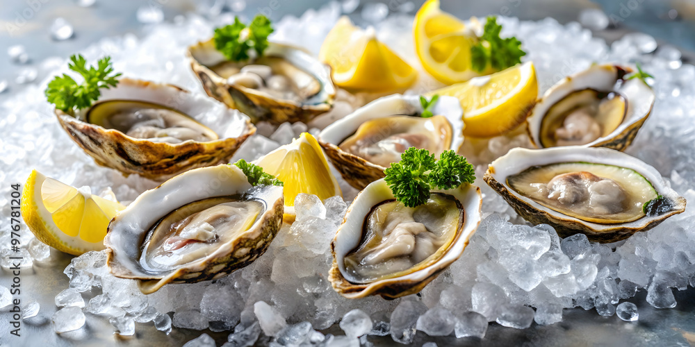 Close-up of freshly shucked oysters with lemon wedges on a bed of ice, oysters, seafood, fresh, shucked, lemon, ice, raw Close-up of freshly shucked oysters with lemon wedges on a bed of ice, oysters, seafood, fresh, shucked, lemon, ice, raw