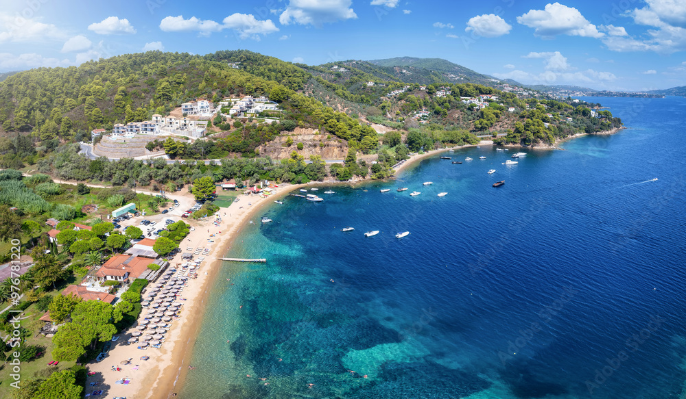 Aerial view of the beautiful Tzaneria Beach at Kanapitsa Bay, Skiathos island, Sporades, Greece Aerial view of the beautiful Tzaneria Beach at Kanapitsa Bay, Skiathos island, Sporades, Greece