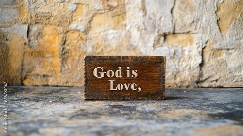 A handcrafted wooden plaque featuring the words "God is Love," leaning against a stone background. Focus on the text. No people.