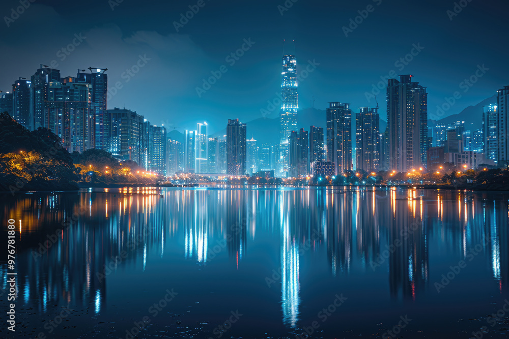 Fototapeta premium At night, the city's high-rise buildings by the lake
