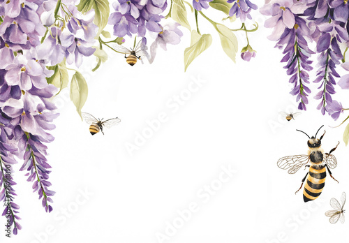 Bridgerton-Inspired Floral Background.Perfect for Invitations, Greeting Cards, and Banners. A Delicate Watercolor Illustration Featuring Light Purple Wisteria Blooms and Charming Bees