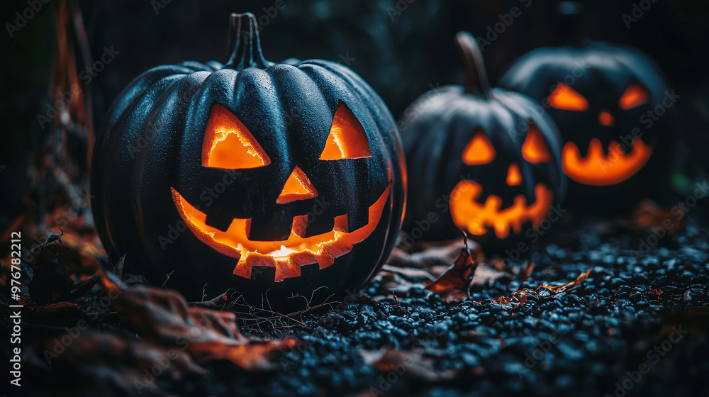 Eerie Glow, A Close-Up View of a Scary Halloween Pumpkin with a Wicked Smile Eerie Glow, A Close-Up View of a Scary Halloween Pumpkin with a Wicked Smile