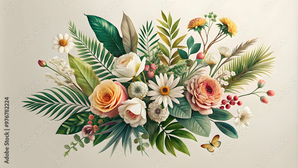 Modern and trendy floral abstract elements in a botanical composition for a minimalist style poster or greeting card design Modern and trendy floral abstract elements in a botanical composition for a minimalist style poster or greeting card design