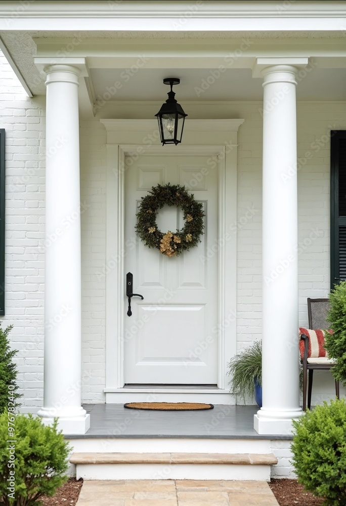 Main entrance door. White front door with porch. Exterior of georgian style home cottage house with columns Main entrance door. White front door with porch. Exterior of georgian style home cottage house with columns
