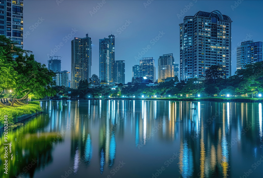 Naklejka premium At night, the city's high-rise buildings by the lake