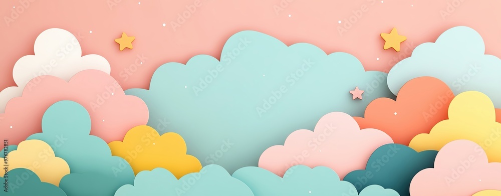 Dreamy pastel background with cartoon clouds and stars, large empty area for text, magical and lighthearted Dreamy pastel background with cartoon clouds and stars, large empty area for text, magical and lighthearted