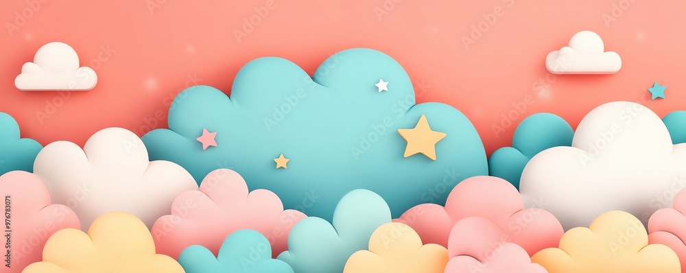 Light pastel background with cute cartoon clouds and stars, large copy area, whimsical and soothing Light pastel background with cute cartoon clouds and stars, large copy area, whimsical and soothing