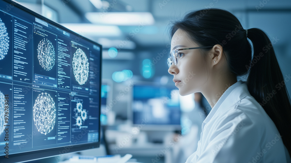 closeup image of a scientist analyzing complex data on a computer screen. The screen should display bioinformatics data, graphs, and molecular structures, reflecting China's emphas closeup image of a scientist analyzing complex data on a computer screen. The screen should display bioinformatics data, graphs, and molecular structures, reflecting China's emphas