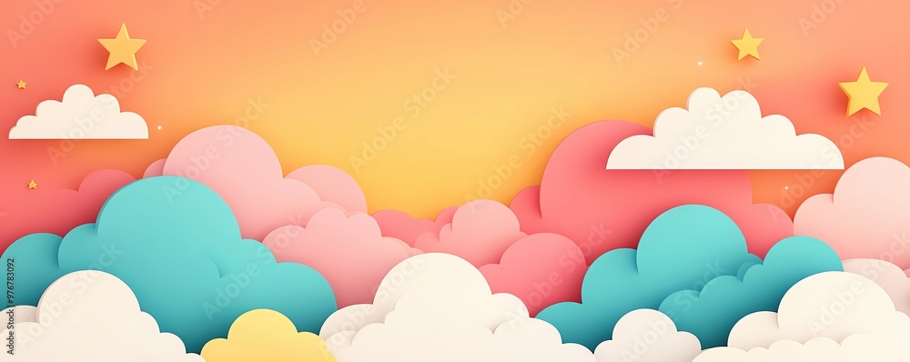 Light pastel background with cute cartoon clouds and stars, large copy area, whimsical and soothing Light pastel background with cute cartoon clouds and stars, large copy area, whimsical and soothing