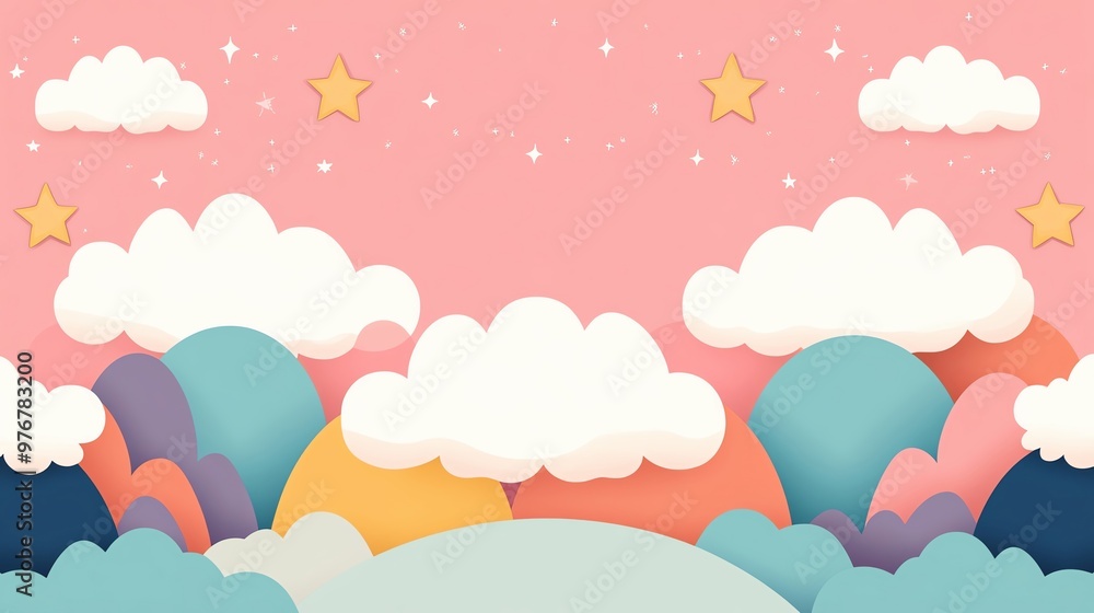 Playful pastel background with cartoon clouds and stars, large empty area, ideal for children s themes Playful pastel background with cartoon clouds and stars, large empty area, ideal for children s themes
