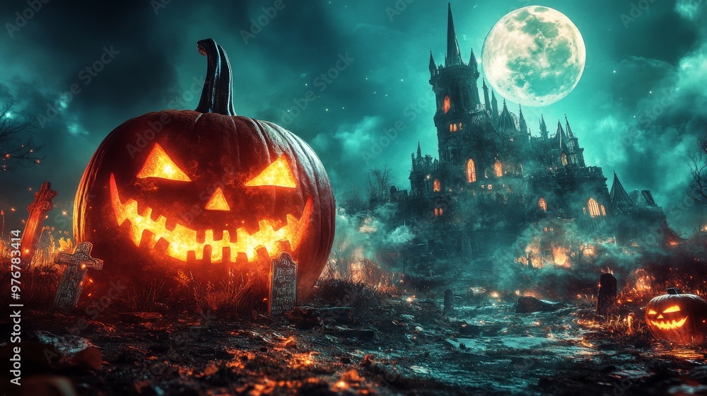 Fototapeta premium A vibrant Halloween backdrop features glowing pumpkins, a spooky graveyard, and a haunted castle illuminated by a full moon, creating an eerie atmosphere