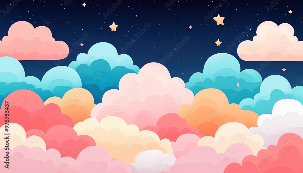 Whimsical pastel cartoon sky with fluffy clouds and stars, wide copy space, perfect for children s themes Whimsical pastel cartoon sky with fluffy clouds and stars, wide copy space, perfect for children s themes