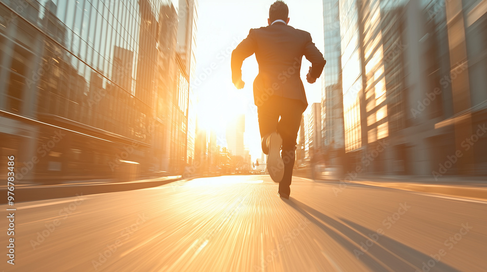 dynamic mid-morning scene of a businessman running on a road, with a focus on his speed and efficiency. Use motion blur to convey his rapid movement and create a cinematic lighting dynamic mid-morning scene of a businessman running on a road, with a focus on his speed and efficiency. Use motion blur to convey his rapid movement and create a cinematic lighting