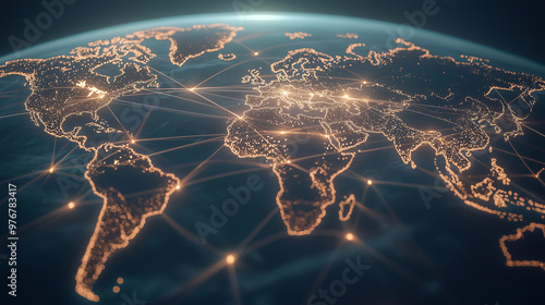 Fototapeta Naklejka Na Ścianę i Meble -  world map with multiple connecting lines, each representing the export routes taken by a multinational corporation. The lines should link major cities and countries, highlighting g