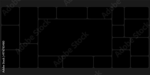 Black grid template bento box ui. Photo frame collage layout design. Puzzle mosaic blocks for picture gallery page. Dark mood board mockup horizontal banner. Flat y2k dashboard presentation slide