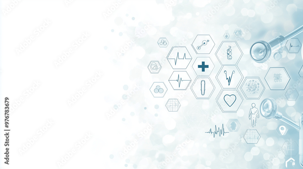 abstract background with a focus on healthcare technology, featuring flat icons and symbols for health, science, and research. The background should be composed of subtle patterns abstract background with a focus on healthcare technology, featuring flat icons and symbols for health, science, and research. The background should be composed of subtle patterns