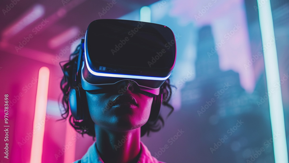 Woman wearing futuristic VR headset, immersed in neon-lit, cyberpunk-style environment Woman wearing futuristic VR headset, immersed in neon-lit, cyberpunk-style environment