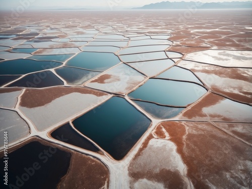 Aerial View of Geometric Salt Flats and Dark Landforms.