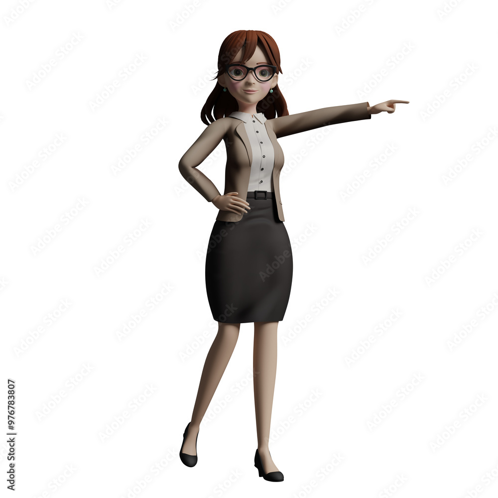 Illustrated Educational Professional. A female teacher walks with her right hand on her waist while her left hand points forward. 3D Male Teacher Illustrated Educational Professional. A female teacher walks with her right hand on her waist while her left hand points forward. 3D Male Teacher