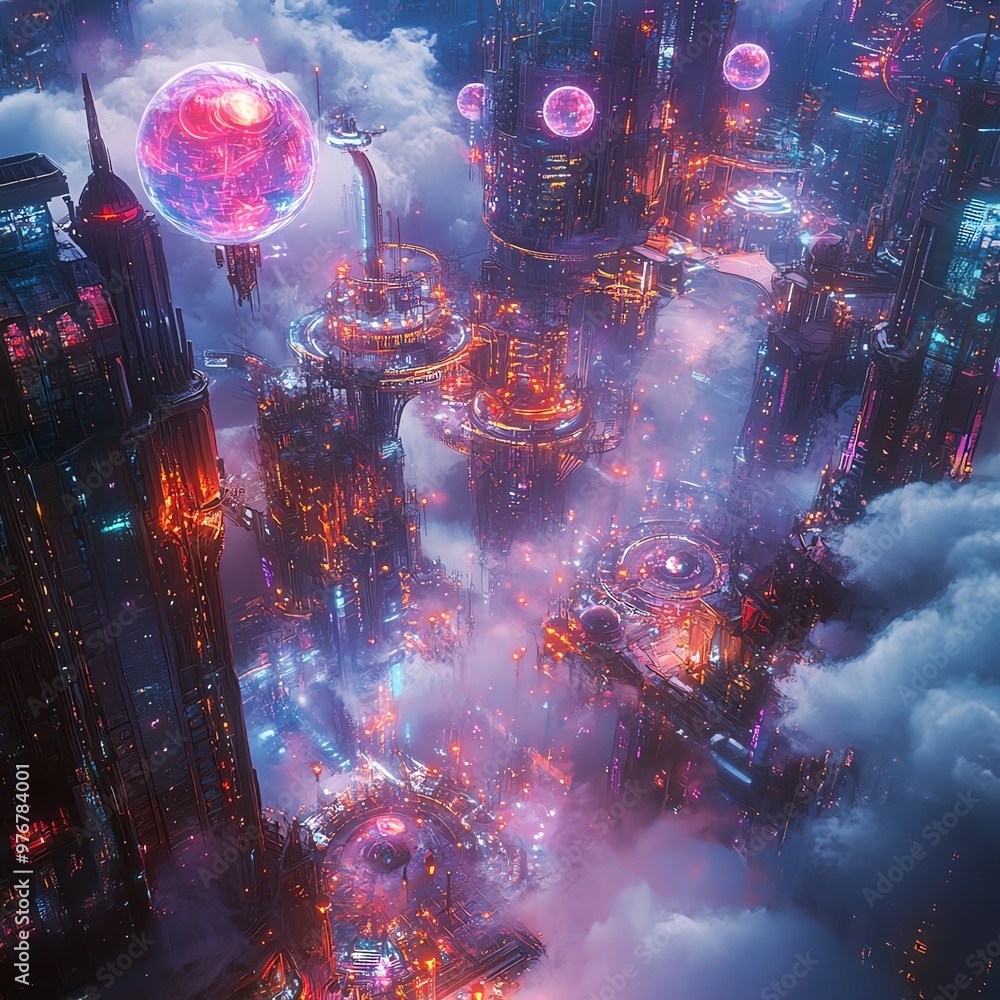 A stunning high-angle view of a vibrant fantasy cityscape A stunning high-angle view of a vibrant fantasy cityscape