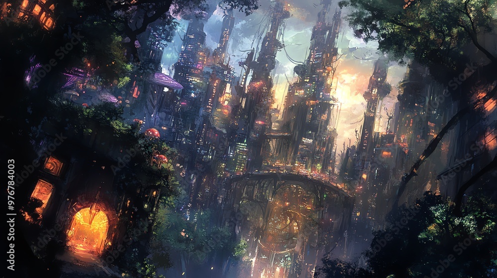 A stunning worms-eye view of a fantastical city skyline A stunning worms-eye view of a fantastical city skyline