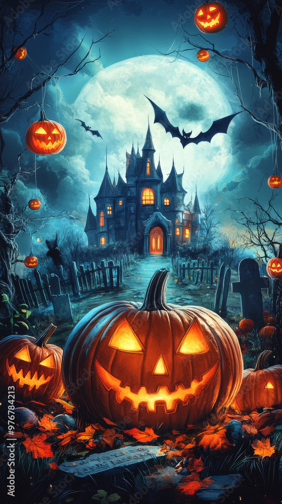 The illustration depicts a haunting Halloween night filled with glowing pumpkins, a spooky graveyard, and a haunted castle illuminated by lanterns in the trees The illustration depicts a haunting Halloween night filled with glowing pumpkins, a spooky graveyard, and a haunted castle illuminated by lanterns in the trees